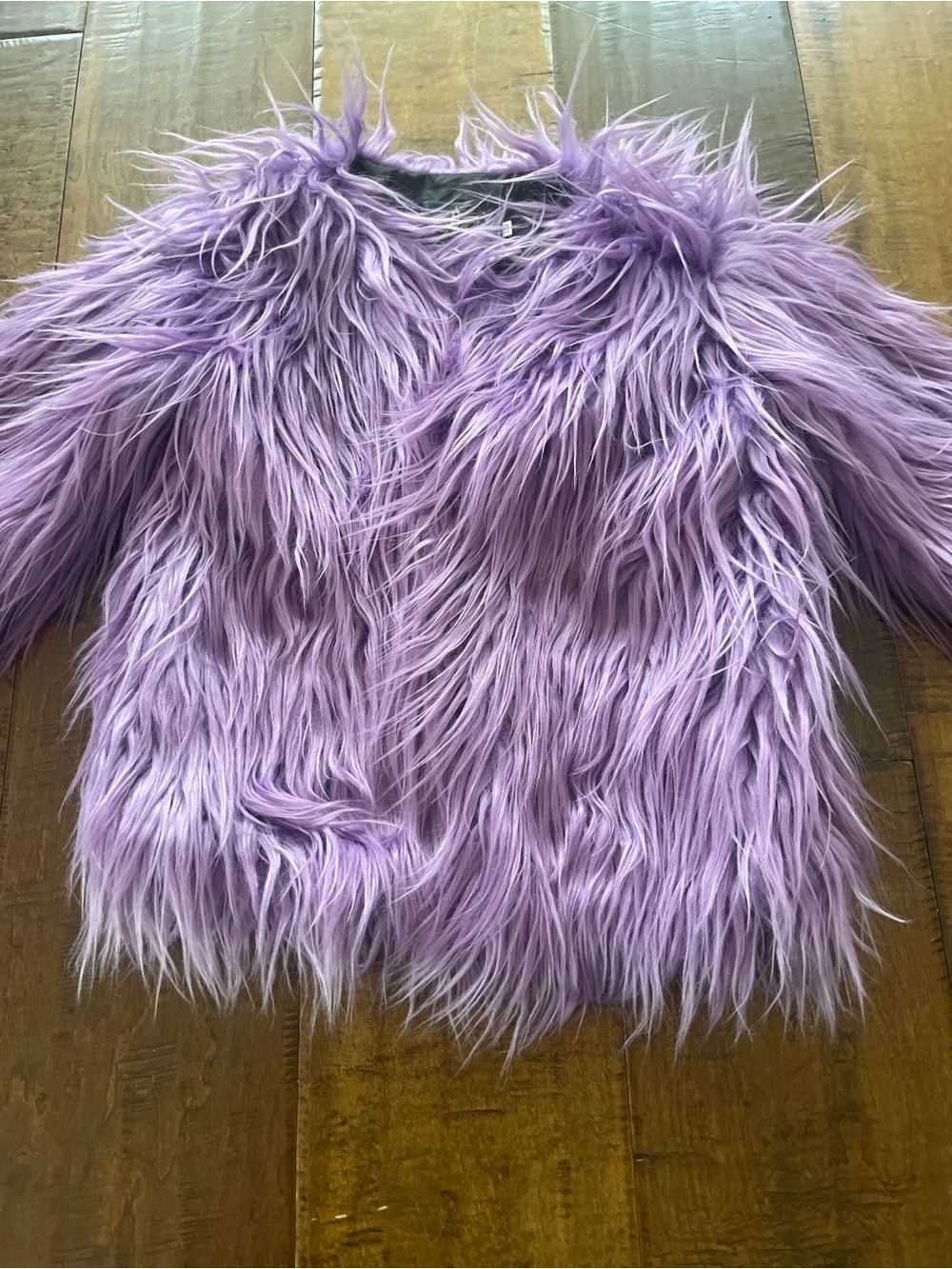 Shaggy faux fur light purple cropped jacket with pockets, fully lined